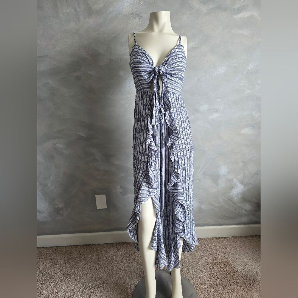 Angie Striped Twist Tie Front Cut Out Ruffle Split Slits Maxi Dress M Blue White
